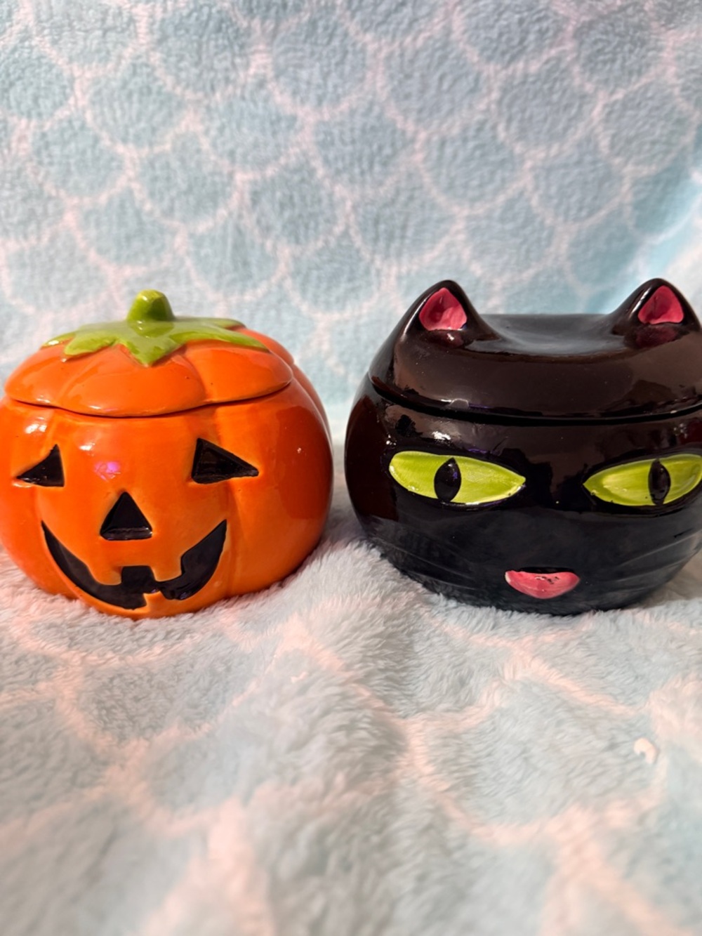 Halloween Ceramic Pumpkin and Black Cat Candy Jars